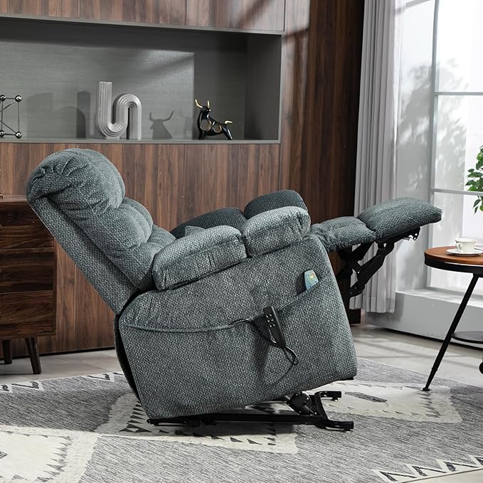 3-Motor Lift Chair with Adjustable Seat Height Zero Gravity Lay Flat Recliner with Heat Massage - Flip Arm Storage Cup Holders - Power Lift Recliner for Elderly – Big Tall 400 lbs (Slate Blue)