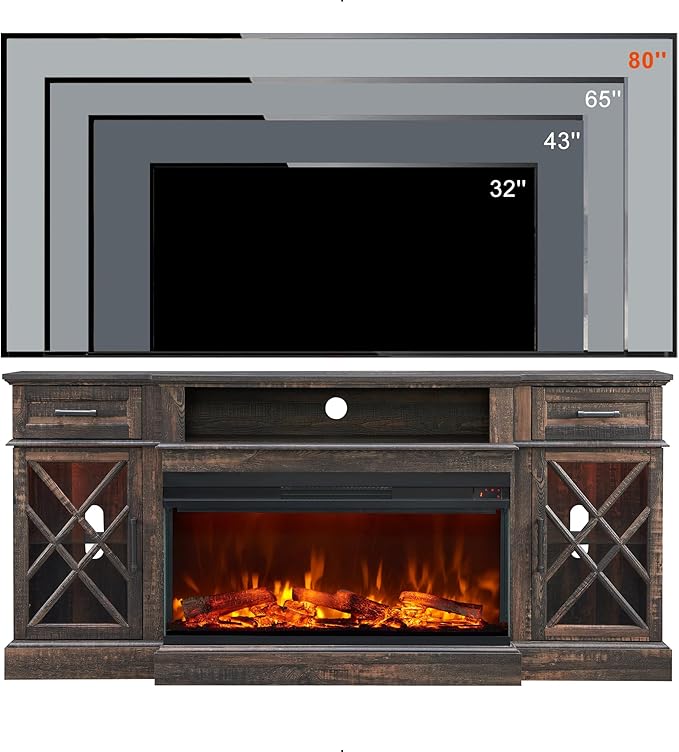 OKD 3-Sided Glass Farmhouse Fireplace TV Stand for TVs up to 80'', Highboy Entertainment Center with Glass Door Storage Cabinet, 70'' Large TV Stands with 36'' Electric Fireplace, Dark Rustic Oak