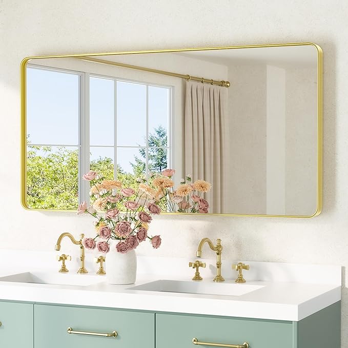 TETOTE Gold Mirror 48 x 24 Brushed Gold Metal Framed Bathroom Mirror, Tempered Glass, Modern Farmhouse Wall Mounted Mirror for Decorative(Horizontal/Vertical)
