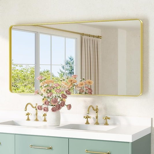 TETOTE Gold Mirror 48 x 24 Brushed Gold Metal Framed Bathroom Mirror, Tempered Glass, Modern Farmhouse Wall Mounted Mirror for Decorative(Horizontal/Vertical)