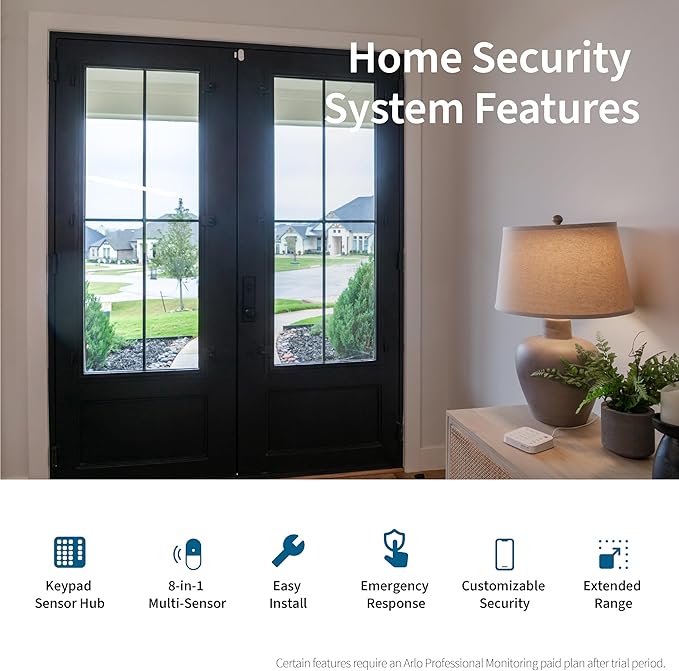 Home Security System - Wired Keypad Sensor Hub, (2) 8-in-1 Sensors, 24/7 Professional Monitoring + Outdoor 2K (1 Cam) + Bundle - No Contract Required, Alarm System for Home Security