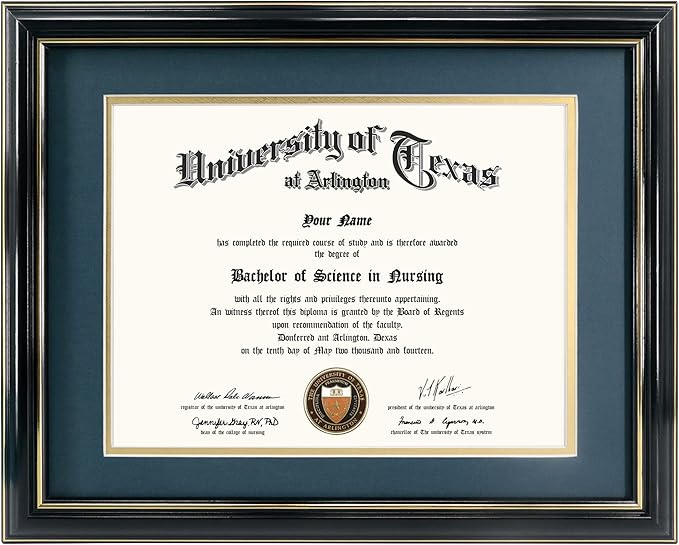 GraduationMall 8.5x11 Diploma Frame with Navy over Gold Mat or Display 11x14 Certificate without Mat,Solid Wood & UV Protection Acrylic,Glossy Black Finish with Gold Trim
