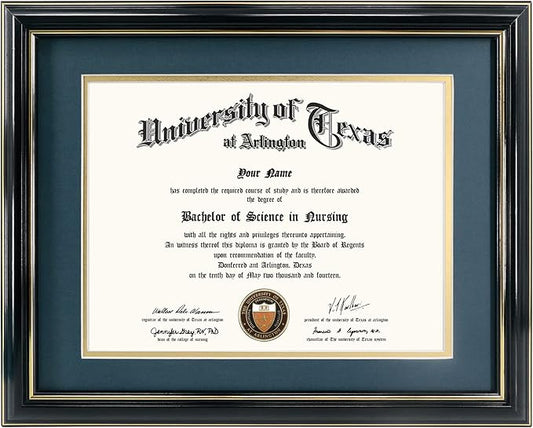 GraduationMall 8.5x11 Diploma Frame with Navy over Gold Mat or Display 11x14 Certificate without Mat,Solid Wood & UV Protection Acrylic,Glossy Black Finish with Gold Trim