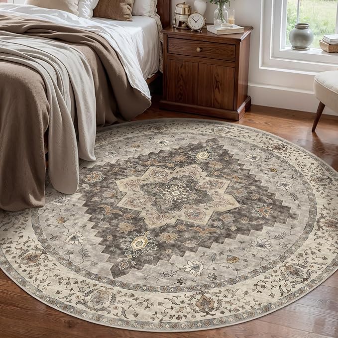 Tangsoo Vintage Round Rug 5ft, Washable Circle Rug, Non Slip Boho Round Area Rug, Low Pile Circular Rugs, Round Carpet for Bedroom,Livingroom,Nursery,Dorm,Office,Brown/Grey
