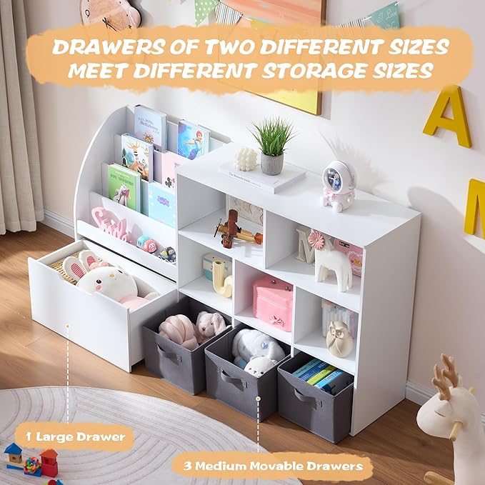 Kids Bookshelf and Toy Storage, 2 Pack 58.5’’ Toy Organizer with Movable Chests & 3 Storage Bins, Large Kids Reading Nook with 5 Cubbies for Playroom, Bedroom, Nursery, White