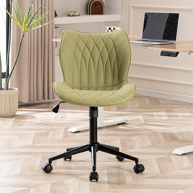 YOUNUOKE Armless Desk Chair Comfy Office Chair with Wheels Home Ergonomic Task Chair Adjustable Computer Chairs Modern Faux Leather Swivel Chair Upholstered Makeup Vanity Chair with Back(Avocado)