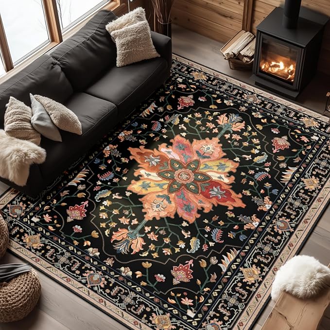 Area Rugs 6'x8' Washable Non-Slip, Floral Vintage Distress Print Pattern Medallion Carpet for Living Room Bedroom Dining Room, Black Colorful Floral Dark Tan