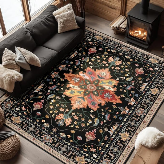 Area Rugs 6'x8' Washable Non-Slip, Floral Vintage Distress Print Pattern Medallion Carpet for Living Room Bedroom Dining Room, Black Colorful Floral Dark Tan