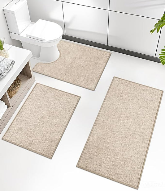 chakme Bathroom Rug Sets 3 Piece, Ultra Thin Bath Mat Quick Dry Bath Mat, Absorbent Bath Mat for Bathroom Non Slip Machine Washable, (Light Beige)