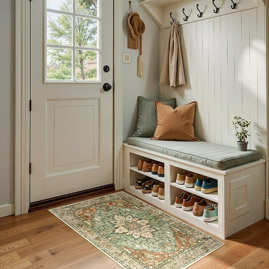 Area Rugs 2'x4' Washable Non-Slip, Floral Vintage Distress Print Pattern Medallion Carpet for Living Room Bedroom Dining Room, Brick Red Rust Neutral Brown Burnt Orange Green