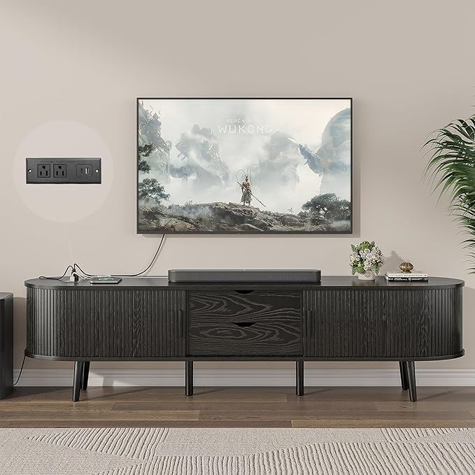 Alohappy 69" Mid Century Modern TV Stand with Charging Station, Farmhouse Curved Edge TV and Media Console Table with Drawer and Shelf, Fluted Entertainment Center for Living Room, Bedroom, Black