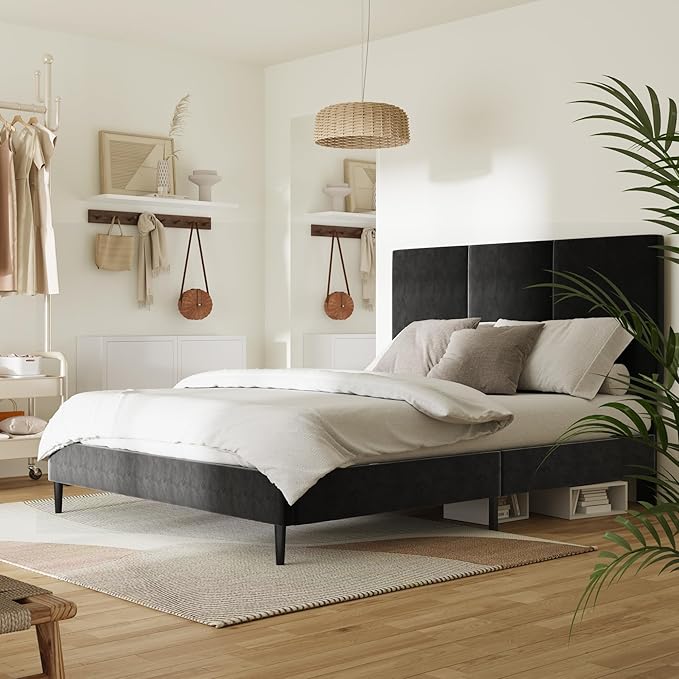 Queen Size Bed Frame with Headboard, Vertical Channel Tufted Heavy Duty Queen Platform Bed Frame, No Springs Required, Easy to Assemble, Black