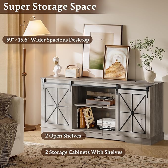 Farmhouse TV Stand for 55 60 65 Inch TV, Mid Century Modern TV Cabinet with Storage and Sliding Barn Doors, Easy Assembly, Entertainment Center Console Table for Bedroom Living Room -Wood Gray
