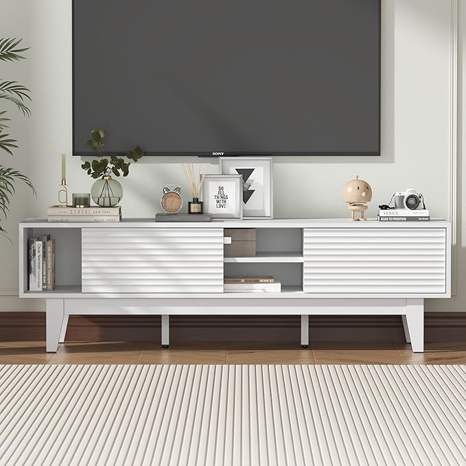 Wooden Fluted TV Stand for 55 65 70 inch TV, Long & Large TV Media Console Table with Storage Cabinets, Boho Farmhouse Entertainment Center for Living Room, Bedroom - White