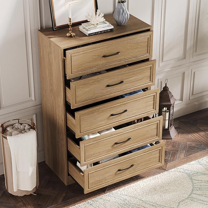Fameill Dresser for Bedroom, 5 Drawer Tall Dresser Organizer, TV Stand for Livingroom, Chest of Drawers with Metal Handles, Oak