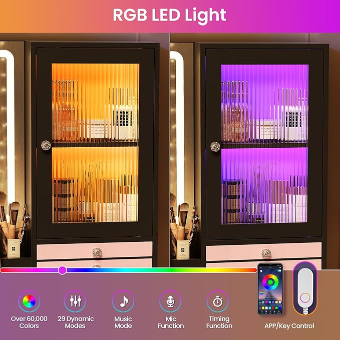 Makeup Vanity Desk with Mirror and Lights & Large LED Cabinet, Vanity Table with 2 Jewelry Boxes, 6 Drawers, and Built-in Shelves, Dressing Table with Power Outlets for Women Girls Bedroom, Black