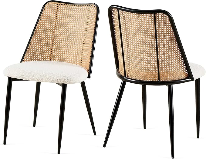 Dining Chairs Set of 2, Modern Mid Century Rattan Accent Chairs Curved Backrest Kitchen Side Chairs Woven Living Room Chairs Upholstered Boucle for Small Spaces, Apartment