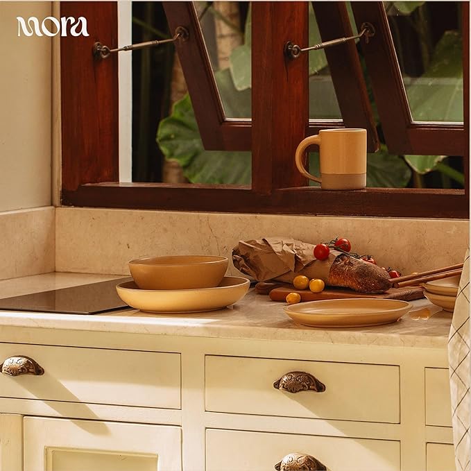 MORA Medium Dishes Set of 4, 30oz Ceramic Pottery Pasta Plate/Wide Bowls - Microwave, Oven and Dishwasher Safe - Merrigold