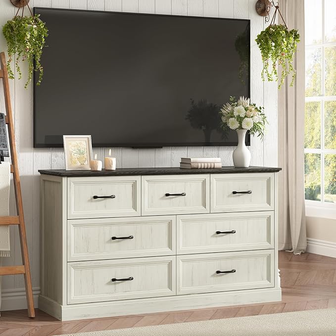 Farmhouse 7 Drawer Dresser for Bedroom, 55 Inch Wide Modern White Dresser TV Stand with Large Drawers & Bar Handles, Rustic Wood Chest of Drawers for Bedroom, Living Room, Hallway, Entryway.