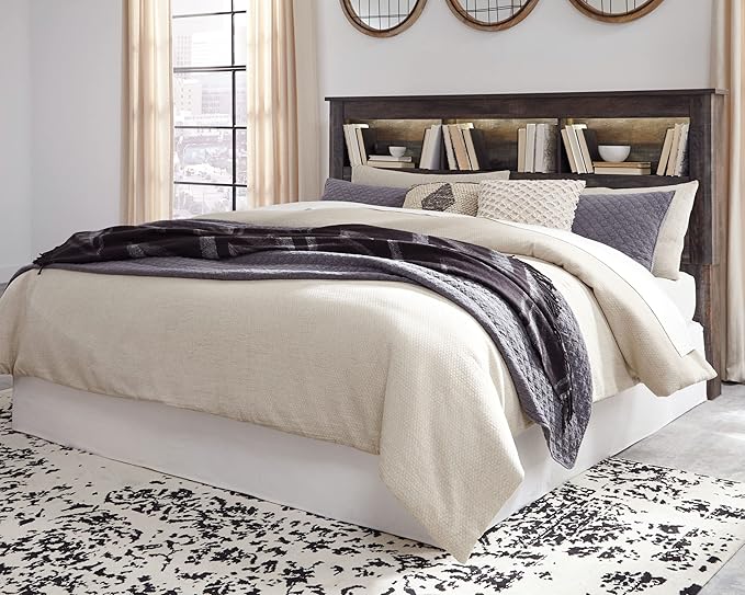 Signature Design by Ashley Drystan Rustic Industrial King/California King Bookcase Headboard with 3 Open Cubbies & Dimming LED Light, Weatherworn Brown