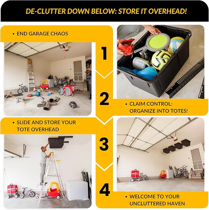 Overhead Bin Rack - Ceiling Mount Overhead Garage Storage Rack | Adjustable Width and Orientation | Heavy Duty Ceiling Bin Storage Rails | Fits Black & Yellow Storage Bins | USA Designed (4 Bins)