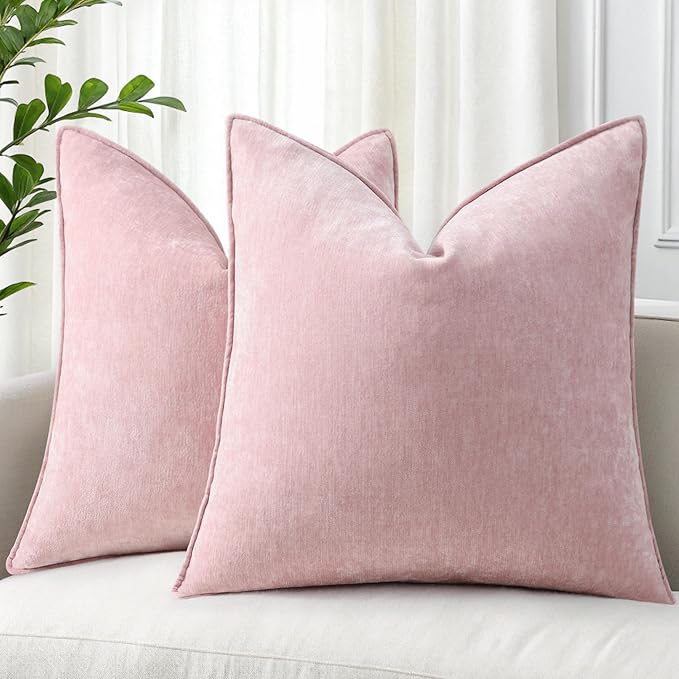 decorUhome Couch Throw Pillow Covers 22x22 Set of 2, Decorative Soft Euro Neutral Chenille Pillow Covers with Elegant Design for Sofa Bed Living Room Home Decor, Blush Pink