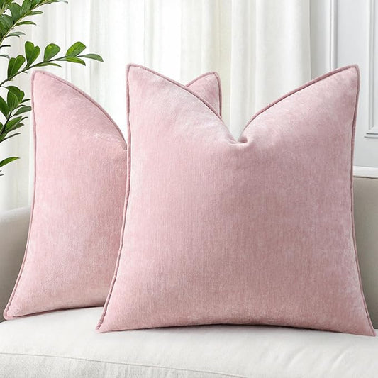 decorUhome Couch Throw Pillow Covers 22x22 Set of 2, Decorative Soft Euro Neutral Chenille Pillow Covers with Elegant Design for Sofa Bed Living Room Home Decor, Blush Pink