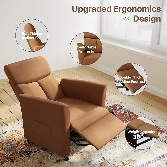 Claiks Power Recliner Chair for Adults, Adjustable Reclining Chair, Comfortable Recliner Couch with Side Pockets&Wire Remote Control, for Living Room, Home Theater, Bedroom, Linen Fabric, Orange