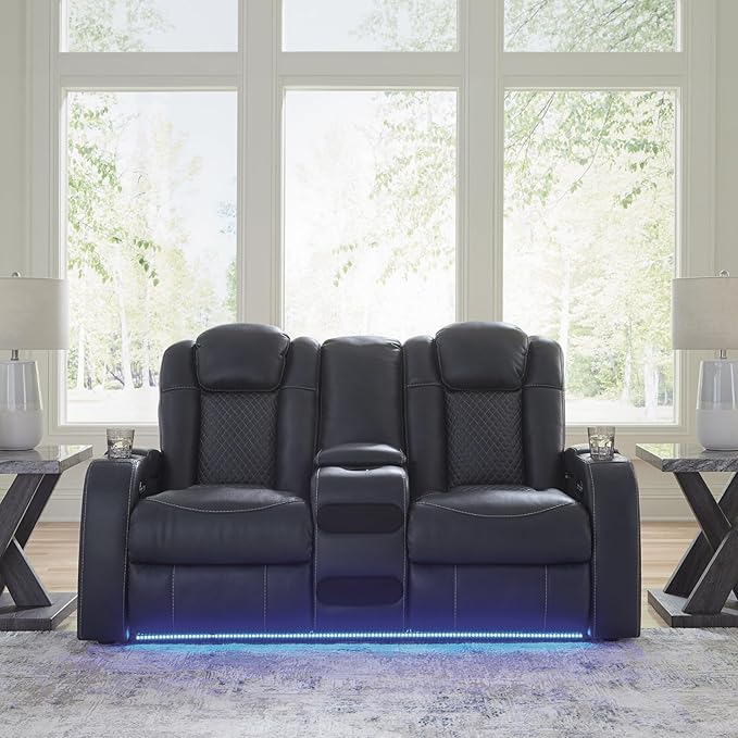 Signature Design by Ashley Fyne-Dyme Contemporary Power Reclining Loveseat with Console, USB Charging Ports and Adjustable Headrest, Blue