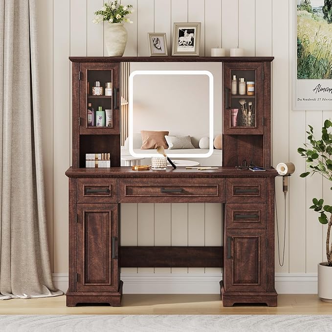 Maupvit Farmhouse Vanity Desk with Mirror and Lights, Makeup Vanity Table with Charging Station, 45" Bedroom Table with 4 Drawers and Cabinets, 3 Lighting Modes, Brown