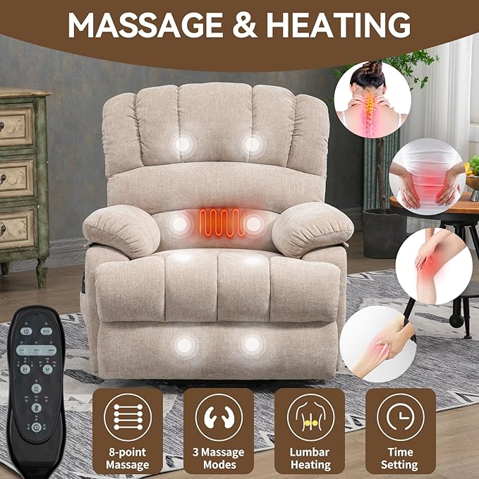 Large Power Lift Recliner Chair with Massage and Heat for Elderly, Ergonomic Backrest, Infinite Adjust, 2 Side Pockets,USB and Type-C Ports, Chenille Beige