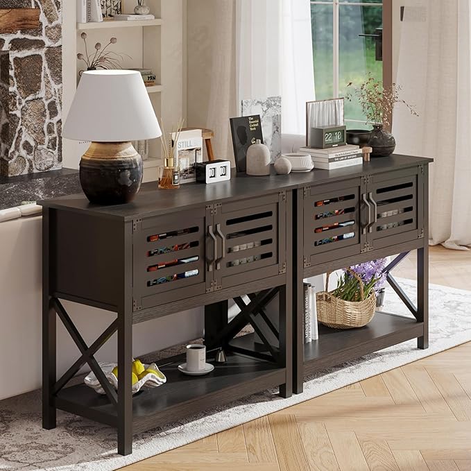 ChooChoo Black Console Table with Charging Station, 35.4 L x 17.7 D x 31.49 H Coffee Bar Cabinet with Storage, Sideboard Buffet Cabinet with Doors for Kitchen, Living Room