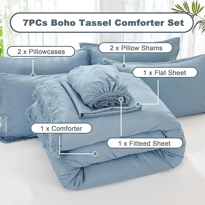 Andency Grayish Blue Comforter Set King Size with Sheets -7 Pieces Boho Tassel Bed in a Bag Soft Lightweight Bedding Sets, All Season Fringe Bed Set with Comforter, Sheets, Pillowcases & Shams