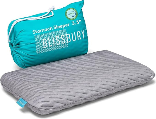 BLISSBURY Stomach Sleeping Pillow - Thin Memory Foam Pillow for Stomach Sleepers | Ultra Thin Pillow for Sleeping | Flat & Slim to Allow for Comfort | 3.3 Inch Thickness