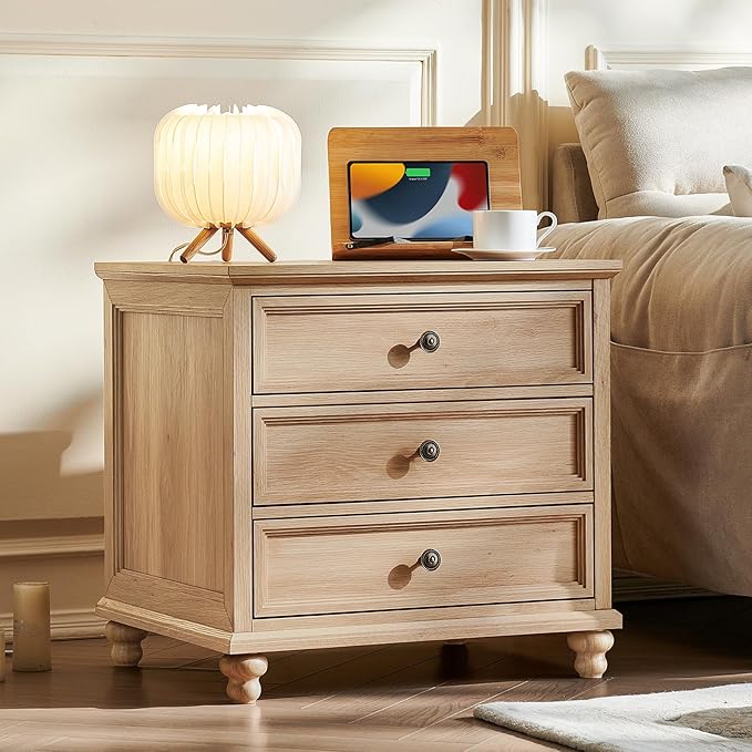 24" Wide Farmhouse Night Stand Set of 2,Large End Table with 3 Drawers & Metal Handle,Wood Dresser for Bedroom,Bed Side Table Chest of Drawers Cabinet,Natural Nightstand for Living Room,Closet