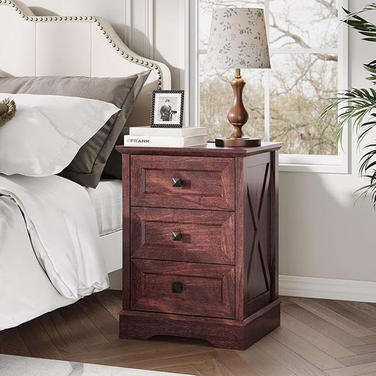Farmhouse 3 Drawers Dresser for Bedroom, Rustic Small Chest of Drawers with Charging Station, Wood Closet Organizers, Modern Tall Nightstand/End Table for Bedroom, Living Room, Entryway, Cherry Red