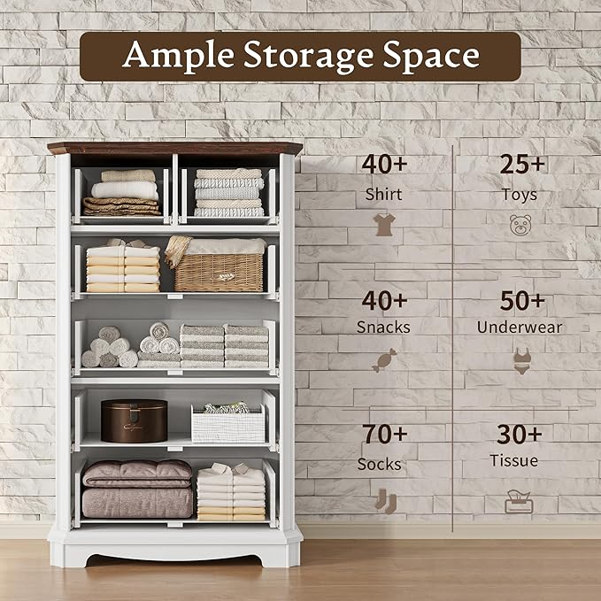 Farmhouse 6 Drawer Dresser for Bedroom, Tall Rustic Chest of Drawers with Metal Handle, Wood Vintage Storage Tower Cabinet, Wooden Closet Storage Dressers Organizer for Living Room, Hallway, White