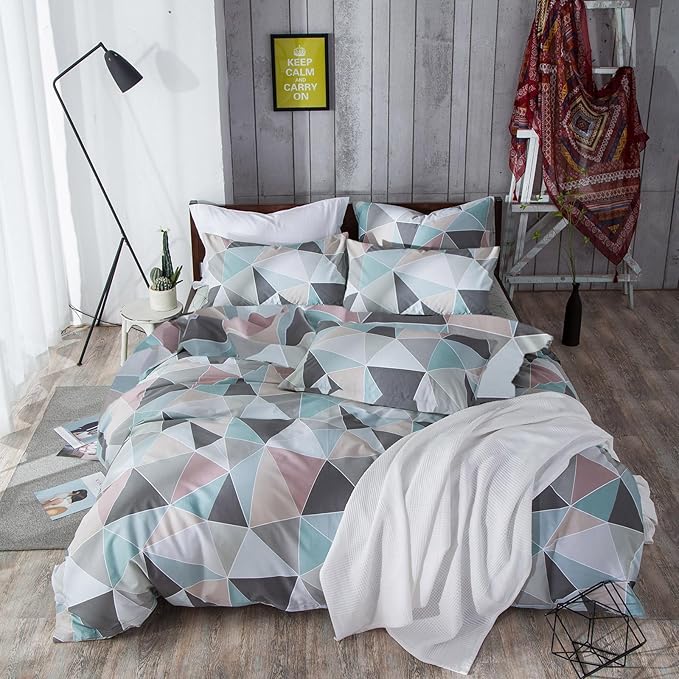 mixinni Full Comforter Set for Men Boys Simple Style Modern Geometric Colorful Triangle Patterned Comforter for All Season, 1 Fluffy Comforter and 2 Pillow Shams-Full Size