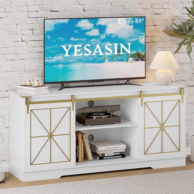 Farmhouse TV Stand for 55 60 65 Inch TV, Mid Century Modern TV Cabinet with Storage and Sliding Barn Doors, Easy Assembly, Entertainment Center Console Table for Bedroom Living Room-White