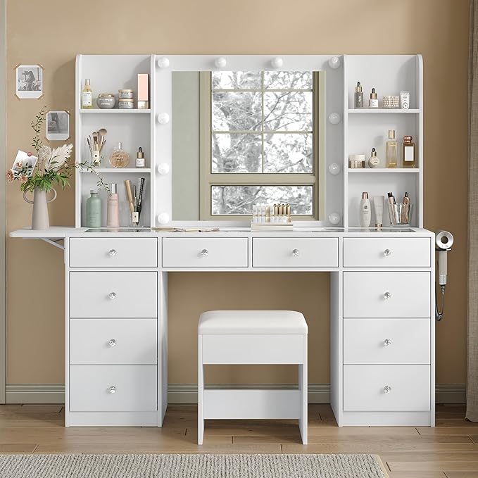 Vanity Desk with Power Outlet, 10 Drawers Makeup Vanity with Mirror and Lights, 3 Colors Adjustable, Fold-up Panel, Glass Top Vanity Set for Bedroom