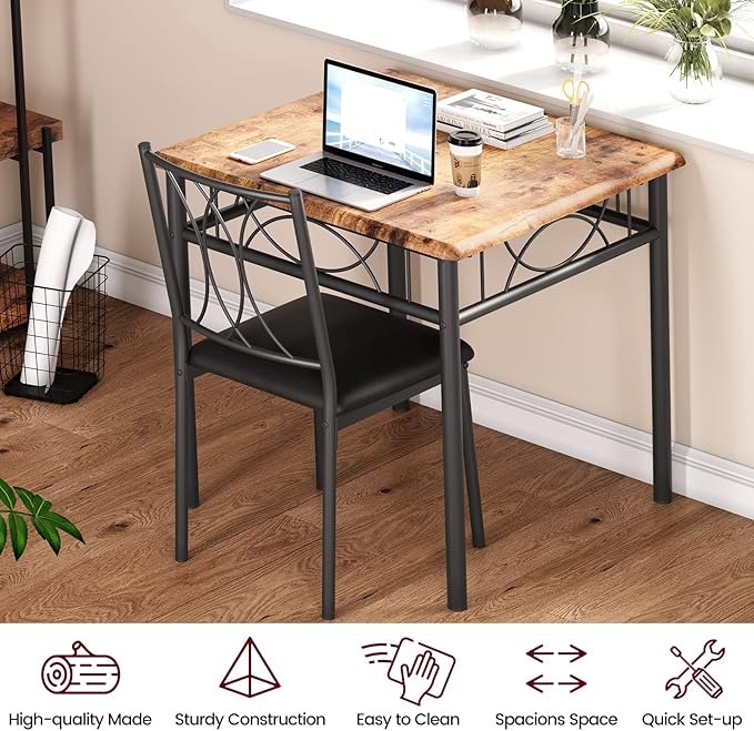 Dining Table Set for 2, Kitchen Table with 2 Upholstered Chairs, Wood 3-Piece Kitchen Dining Room Table Set for Apartment, Small Space, Space Saving, Retro Brown