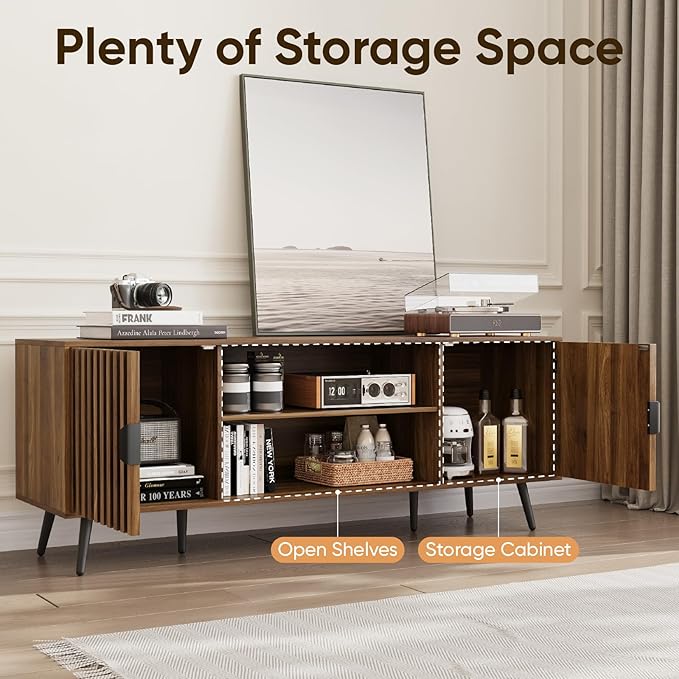 Walnut Fluted TV Stand for 55 Inch TV, Entertainment Center with Adjustable Shelf, 2 Cabinets, Mid Century Modern Media Console, Metal Feet, Cord Holes, for Living Room, Bedroom
