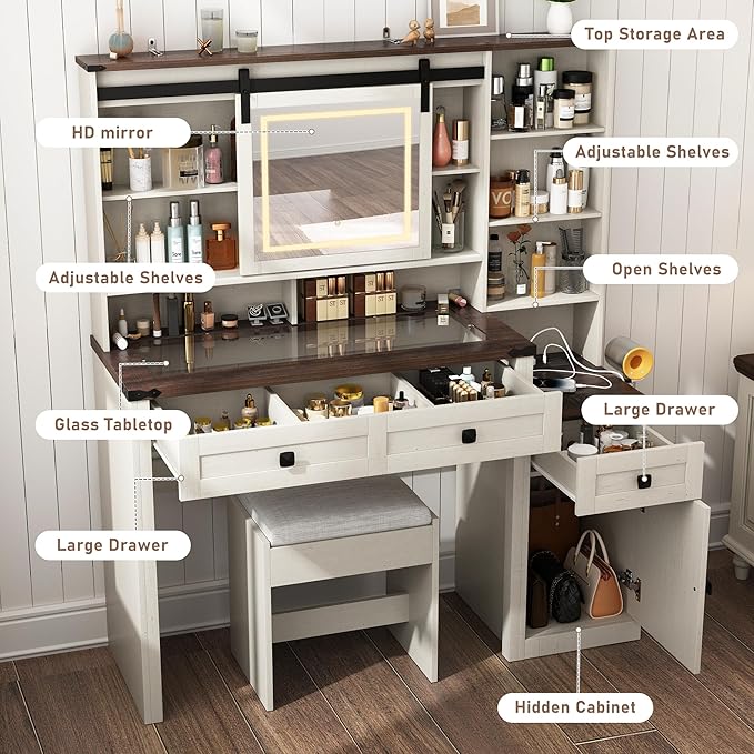 Farmhouse 47" Large Makeup Vanity Desk with Glass Tabletop, White Vanity with Sliding Mirror and Lights, Vanity Set with Stool & Charging Station, 3 Colors Lights, Ample Storage