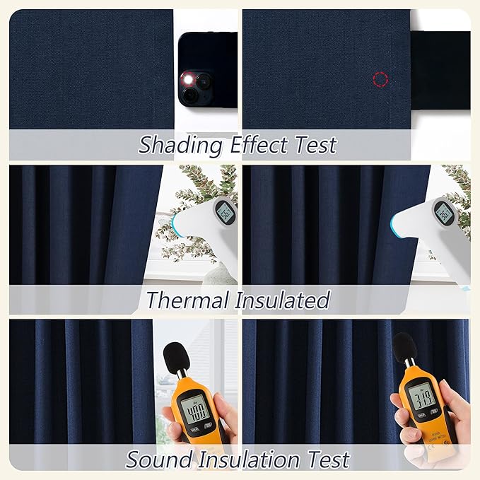 Guken Navy Blue Linen Blackout Curtains 120 Inch Length 2 Panels Set for Living Room Bedroom Back Tab Thermal Insulated 100% Black Out Linen Drapes Room Darkening Window Curtains 120 Inches Long