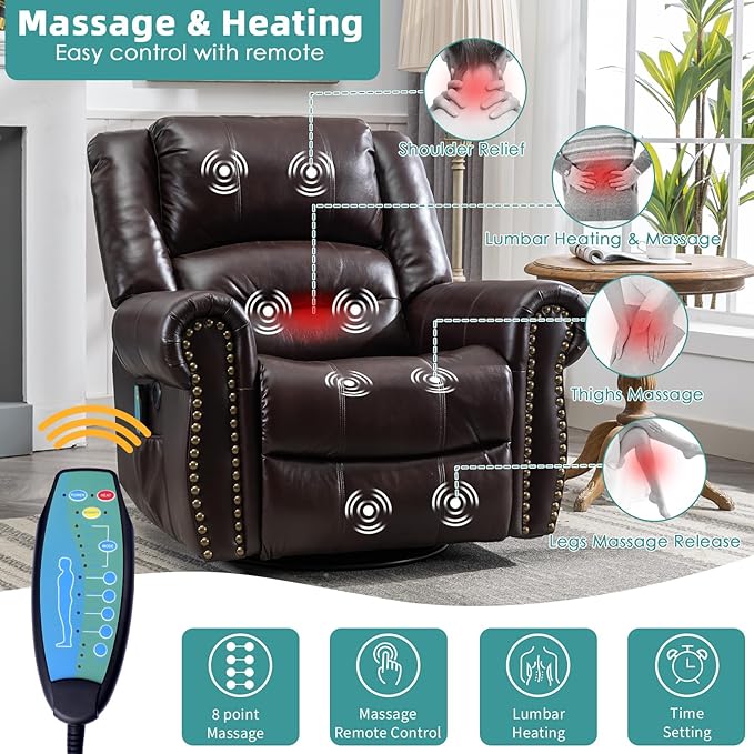 MEETWARM Massage Swivel Rocker Recliner with Heat and Vibration, Manual Glider Rocking Recliner Chair, 360°Swivel Lounge Reclining Chair with Remote Control/USB Ports for Living Room(Dark Brown)