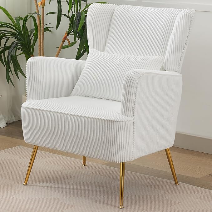 Corduroy Accent Living Room Arm Chair with Pillow & Golden Legs, 8.5" Thick Cushion, Mid Century Modern Wingback Chairs Upholstered Comfy Sofa Armchair for Reading Room/Bedroom, White