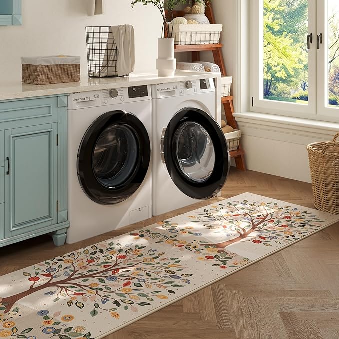 Runners for Kitchen Runner Rug Non Slip 2'x10' Long Washable Rugs Floral Tree with Rubber Backing Bohemian Soft Carpet Runner for Kitchen, Laundry, Bedroom, Bathroom, Beige