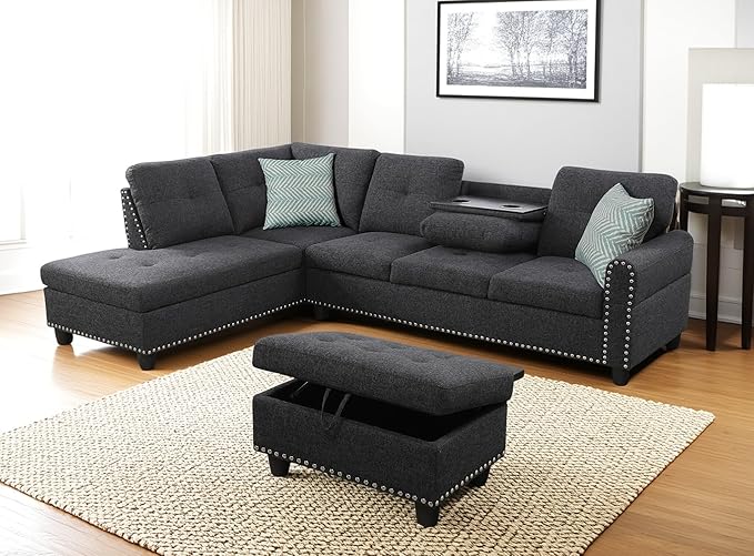 98 Inch L Shaped Sectional Sofa with Chaise Lounge, Storage Ottoman and 2 Pillows, 4-Seaters Linen Upholstered Tufted Couch w/Cupholder & Nailhead Trim for Living Room, Office, Charcoal Grey
