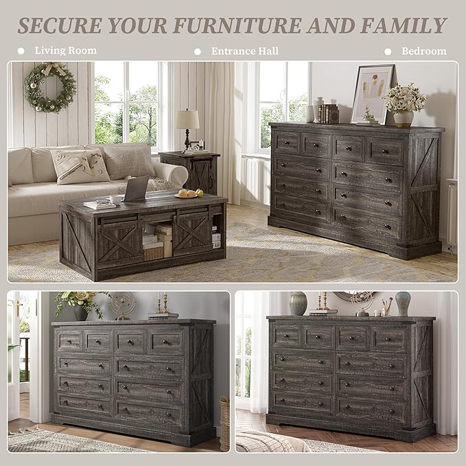 EnHomee 10 Drawer Dresser for Bedroom,55.11" W Wood Dressers and Chests of Drawers with Smooth Metal Rail,Large and Wide TV Stand Hallway,Dark Rustic Oak,14.9" D x 55.11" W x 35.6" H
