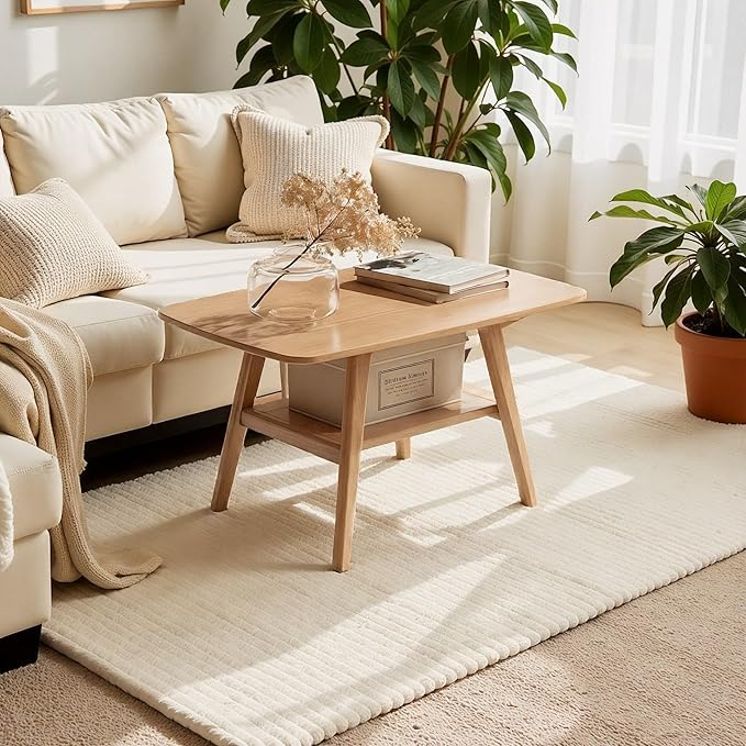 100% Solid Wood Coffee Table for Living Room, 2-Tier Mid Century Modern Small Tables with Shelf Storage, Storage Coffee Table with Rounded Corners (Oak Wood Log Color, 31.5'' L)